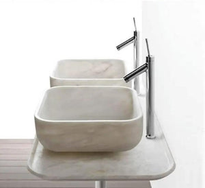 Pair of Villohome Carrara White Marble square above-counter bathroom sinks, polished stone