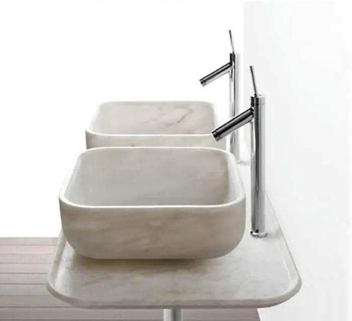 Pair of Villohome Carrara White Marble square above-counter bathroom sinks, polished stone