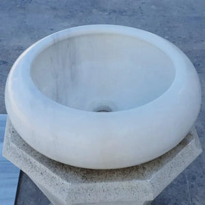 Carrara white marble vessel bathroom sink, round polished bowl for above-counter vanity, 15.5 in diameter, 6 in high.