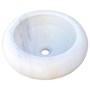 Carrara white marble round vanity sink; polished natural stone, 15.5-in diameter.