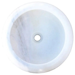 Carrara white marble bathroom sink, round above-vanity, polished, Villohome, 15.5 in diameter.