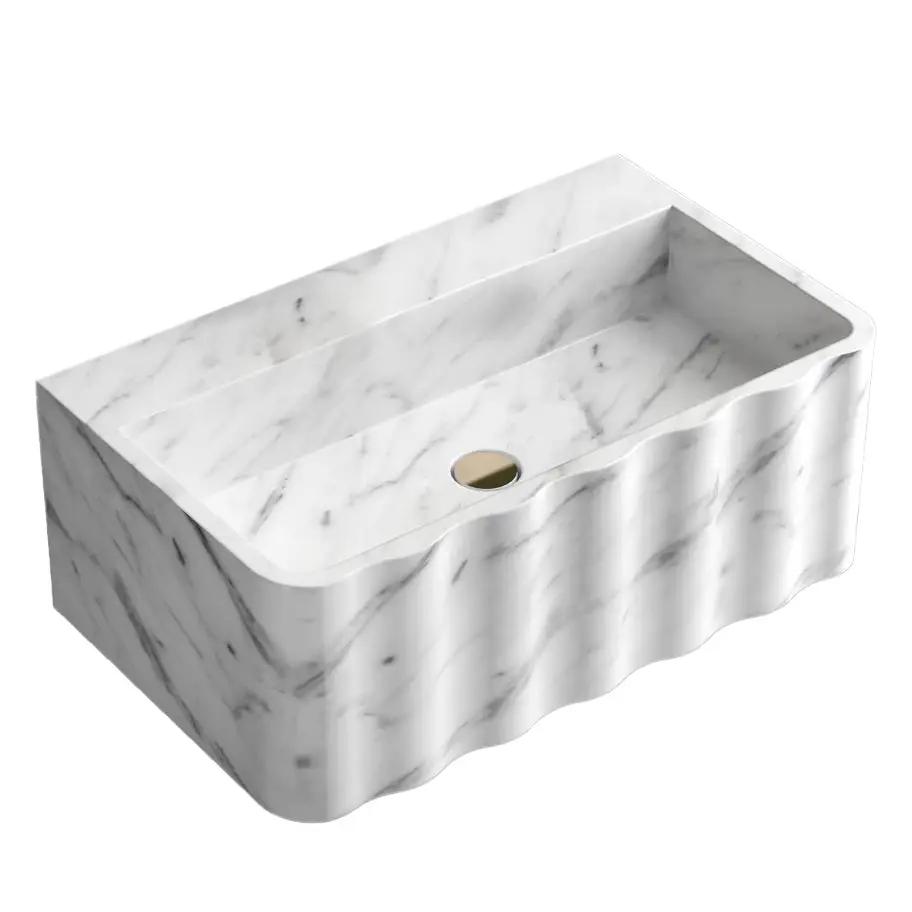 Villohome Carrara white marble wall-mount bathroom sink with fluted front, 16x28x10 in.