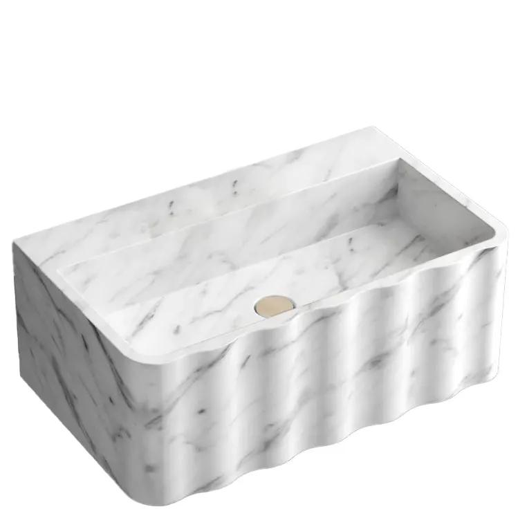 Carrara white marble wall-mount bathroom sink with fluted front