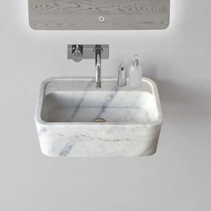 Villohome Carrara white marble rectangular wall-mount bathroom sink with chrome faucet, 16W x 24L x 12H