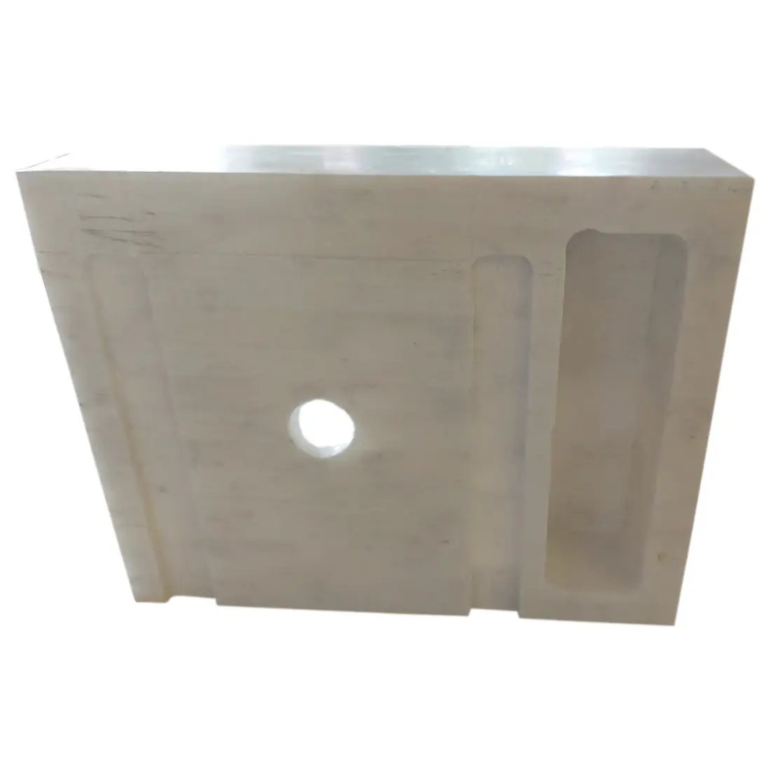 Carrara White Marble wall-mount bathroom sink; white stone with round drain hole and side cutouts.