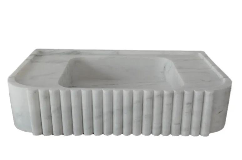 Carrara white marble wall-mount bathroom vanity sink with fluted sides by Villohome