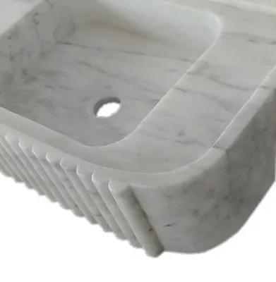 Villohome Carrara white marble wall-mount bathroom vanity sink with fluted edge, 28in L x 16in W