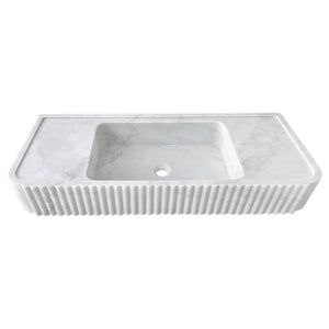 Villohome Carrara White Marble wall-mount vanity sink, fluted exterior rectangular vessel with gray veining