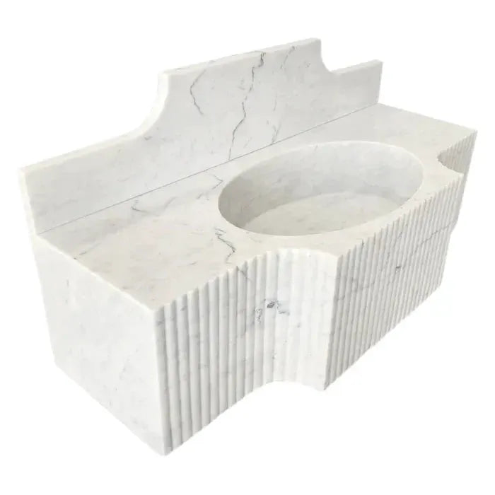 Carrara white marble wall-mount bathroom sink by Villohome with 10-inch backsplash; 18 in W x 48 in L x 10 in H