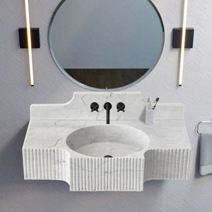 Villohome Carrara White Marble wall-mount bathroom sink with 10-inch backsplash.