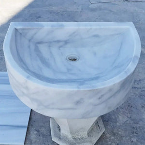 Marble bathroom sink, Carrara white natural stone, wall-mount with gray veining; 24W x 20D x 6H