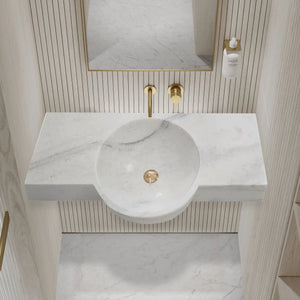 Carrara white marble above-vanity wall-mount bathroom sink by Villohome with brass faucet
