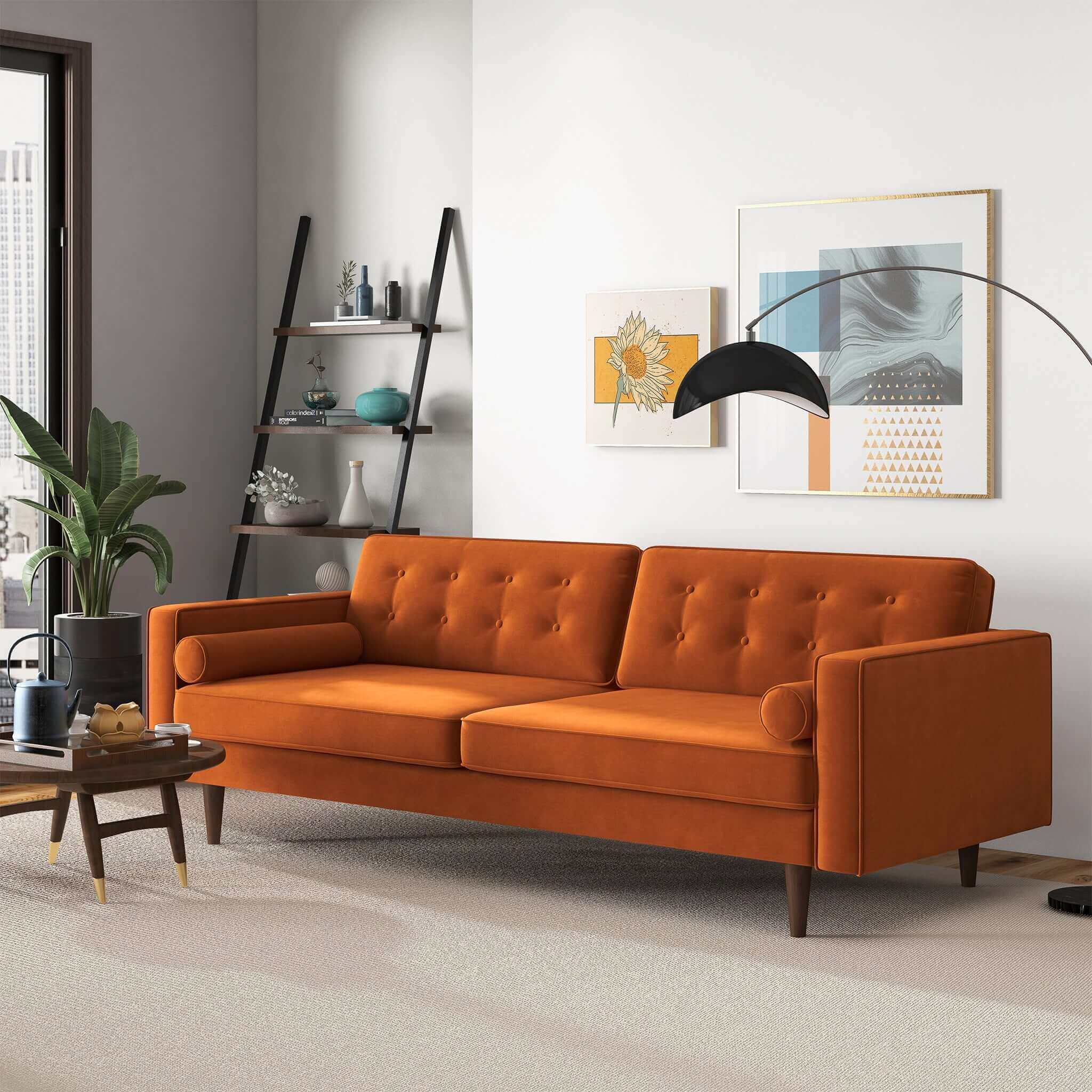 Mid Century Modern Design Burnt Orange Velvet Sofa