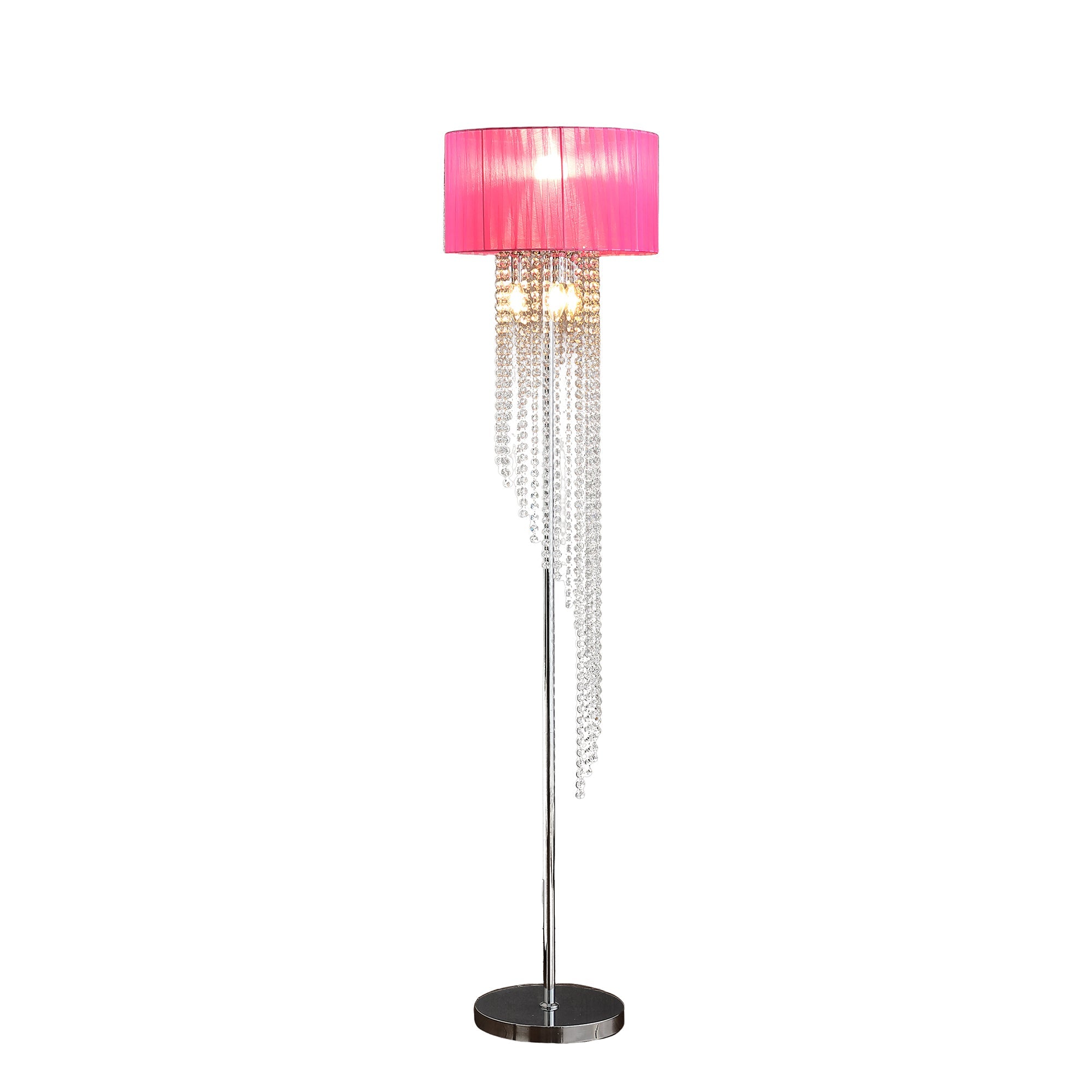65.75'H Sheer Hot Pink Drum Shade Rain Crystal Chrome Metal Floor Lamp for Living Room, Standing Lamp for Bedroom