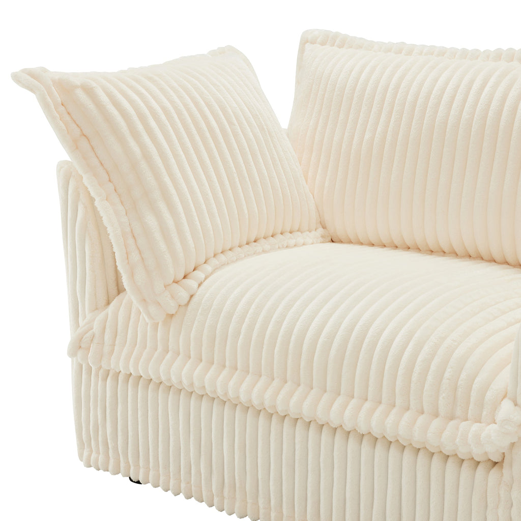Slipcovered Sofa 2 Seater Sofa    With 2 Ottomans, 2 Seater Sleeper Sofa Bed Home Theater Oversized Sofa For Living Room, Corduroy, Cream
