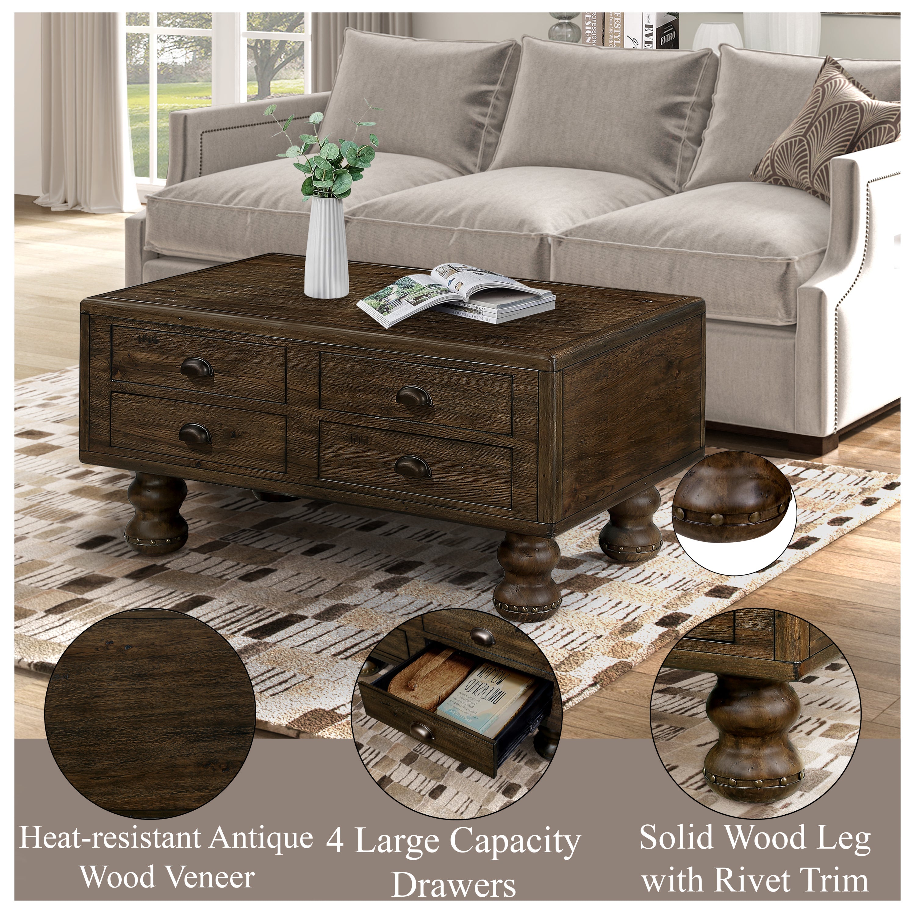 Rectangle Living Room Coffee Table Set,  3-Piece Solid Wood Living Room Table Set, 1 Coffee Table and 2 End Table, Wood Center Table Tea Table Set with Rivet Decoration Legs.Espresso