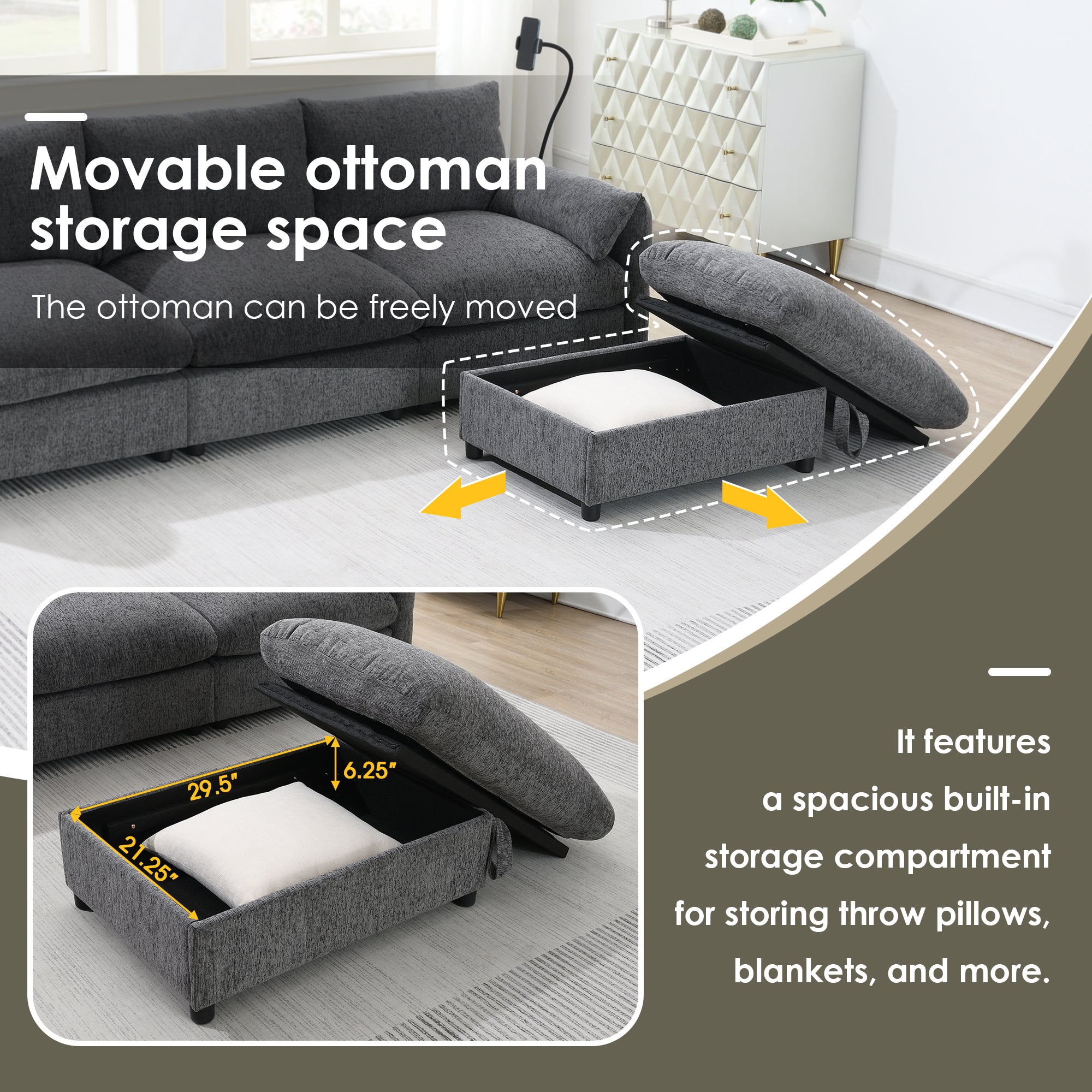 96.5'' Chenille Sectional Sofa with Storage Ottoman and Pockets,Adjustable Phone Holder,Wide Seat,4 Seat L Shaped Couch Set,Comfy Sofa with USB Charger for Living Room,Apartment,3 Colors