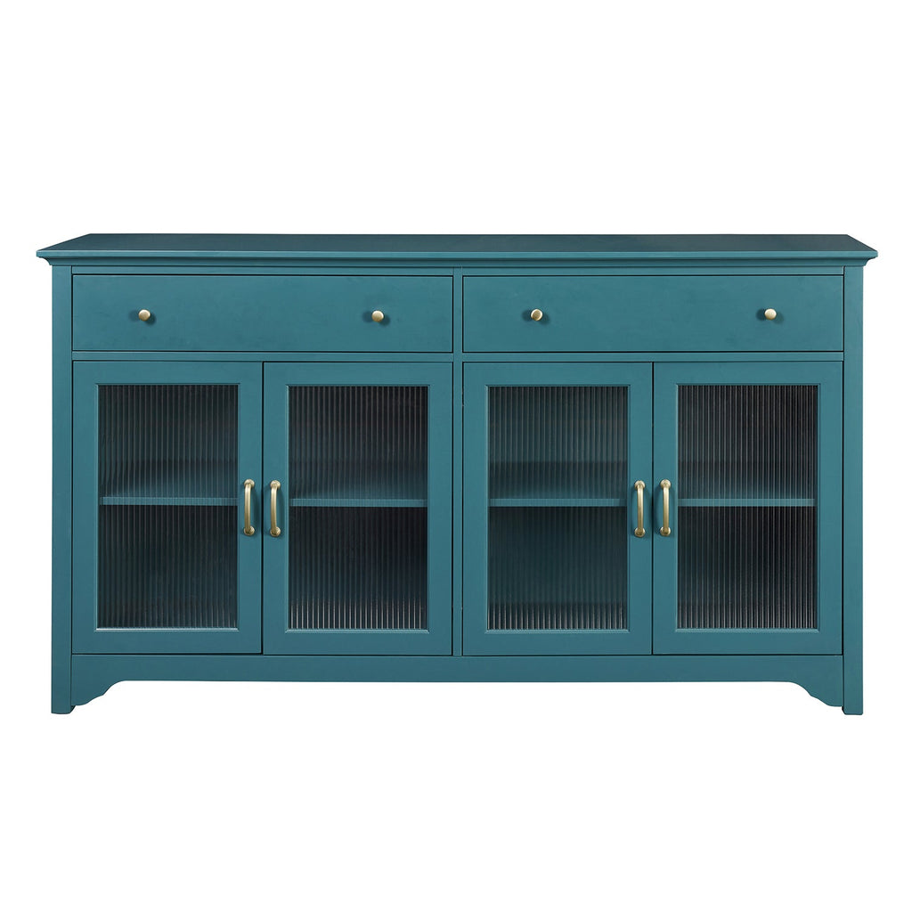 65' TV Console, Storage Buffet Cabinet, Sideboard with Glass Door and Adjustable Shelves, Console Table, Teal Blue