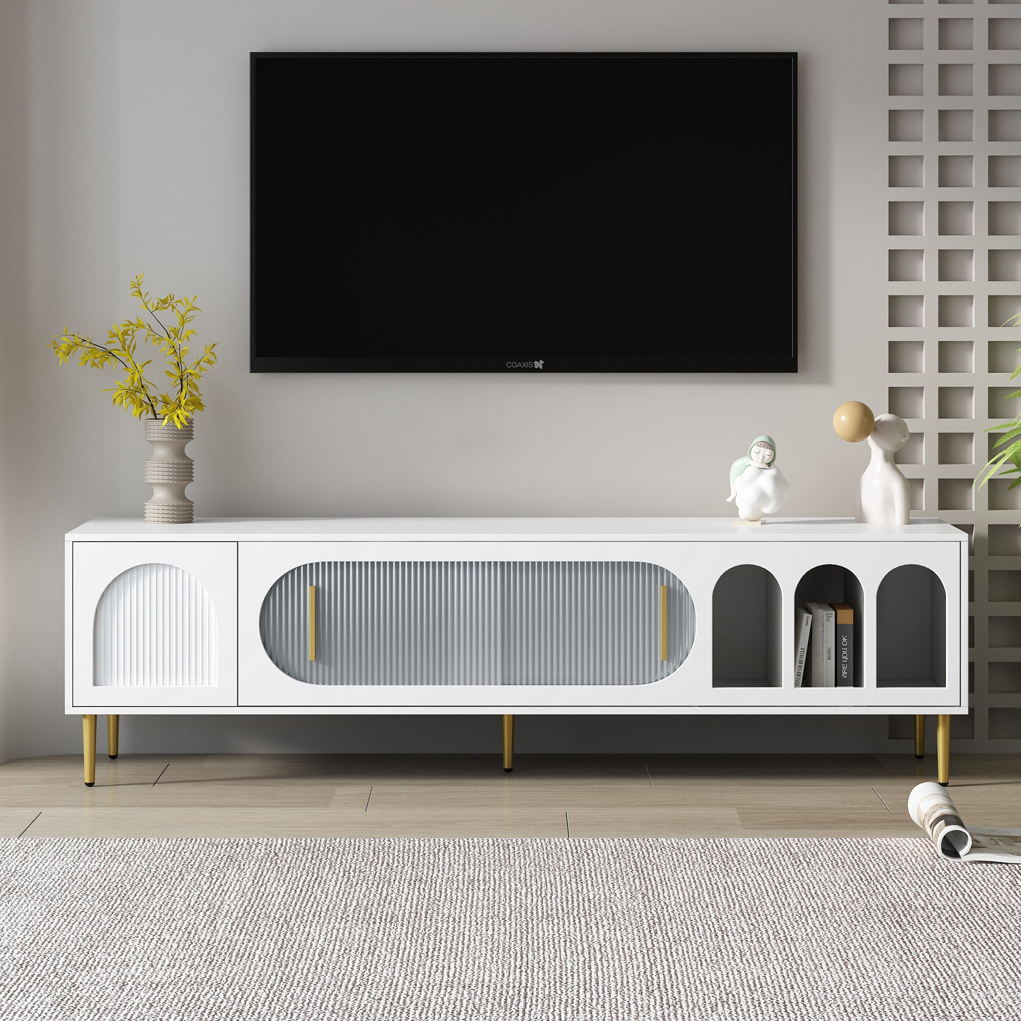 U-Can Modern TV Stand for up to 70 Inch TV, Entertainment Center TV Media Console Table, with 3 Shelves and 2 Cabinets, TV Console Cabinet Furniture for Living Room (Old SKU: WF314645AAK)