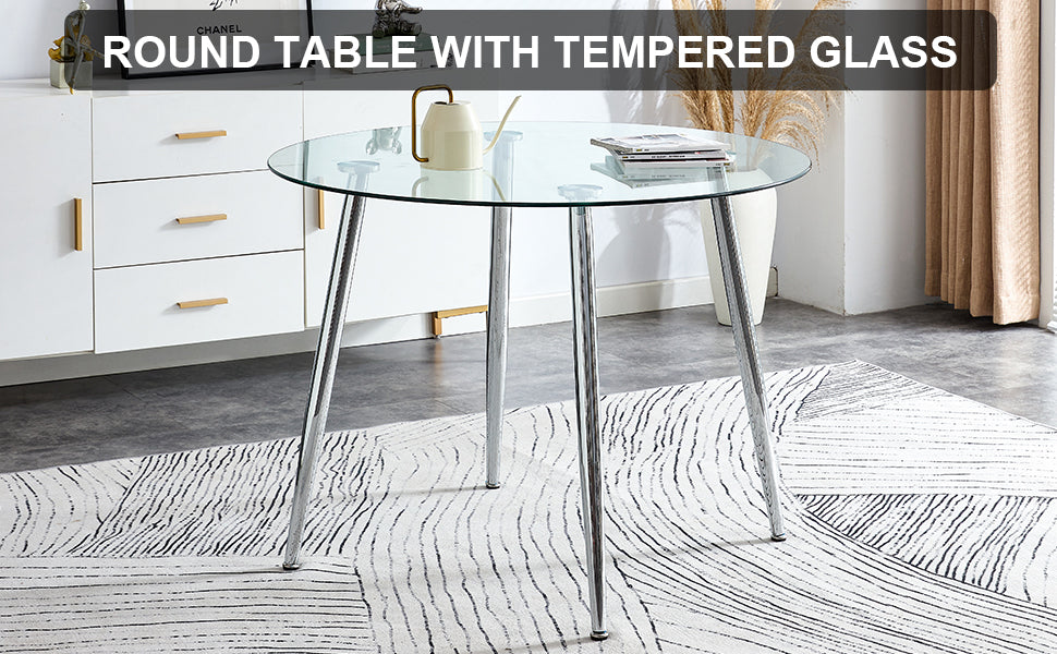 A glass tabletop with a diameter of 40 inches and a modern minimalist circular dining table with silver metal legs.Suitable for living rooms, and conference rooms.W1151S03392
