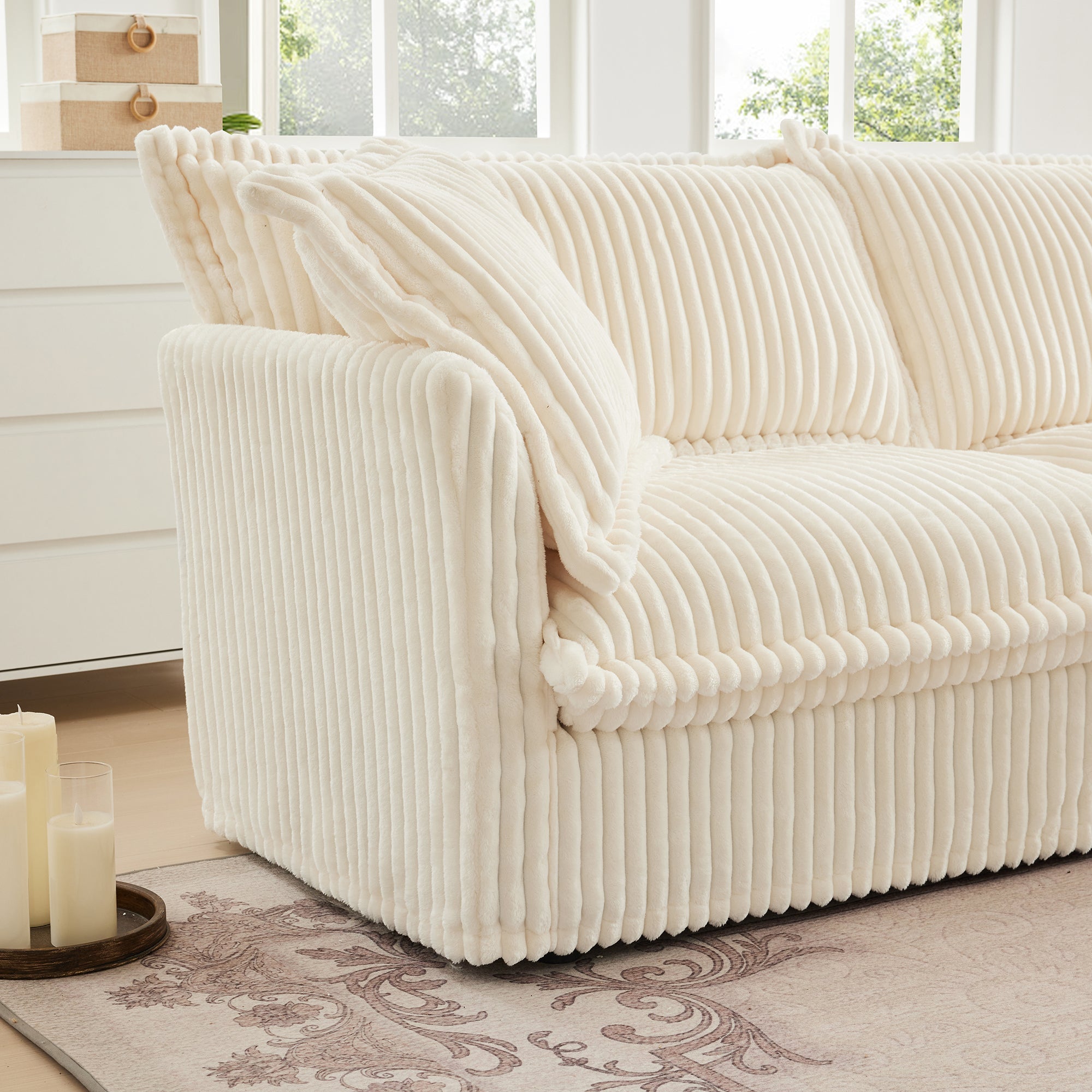 Living Room Sofa Slipcovered Sofa 3 Seater Sofa With 3 Ottomans, Oversized 3-Seat Sleeper Sofa Bed Home Theater Sofa, Corduroy, Cream