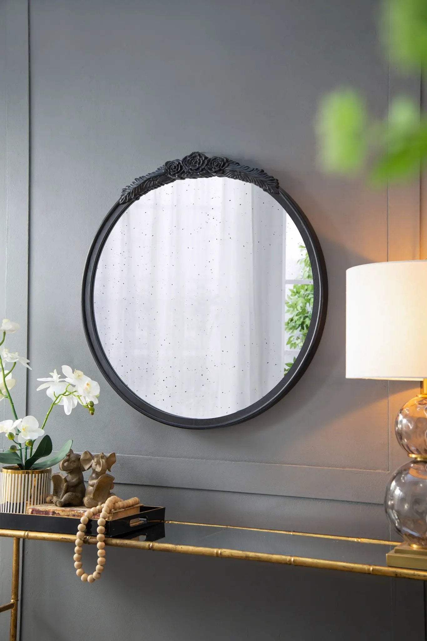 Round Hand Carved Rose Antique Mirror Frame, Wall Mirror For Live Space