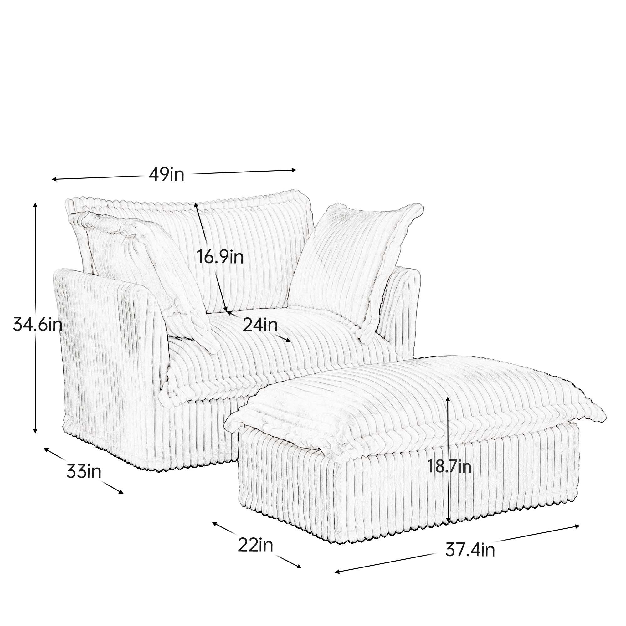 Upholstered Slipcovered Armchair with Ottoman,  Deep Seat Armchair W/ Wide Ottoman for Living Room, Armchair Sets with Large Soft Pillows(Set of 2),Gray Corduroy Fabric