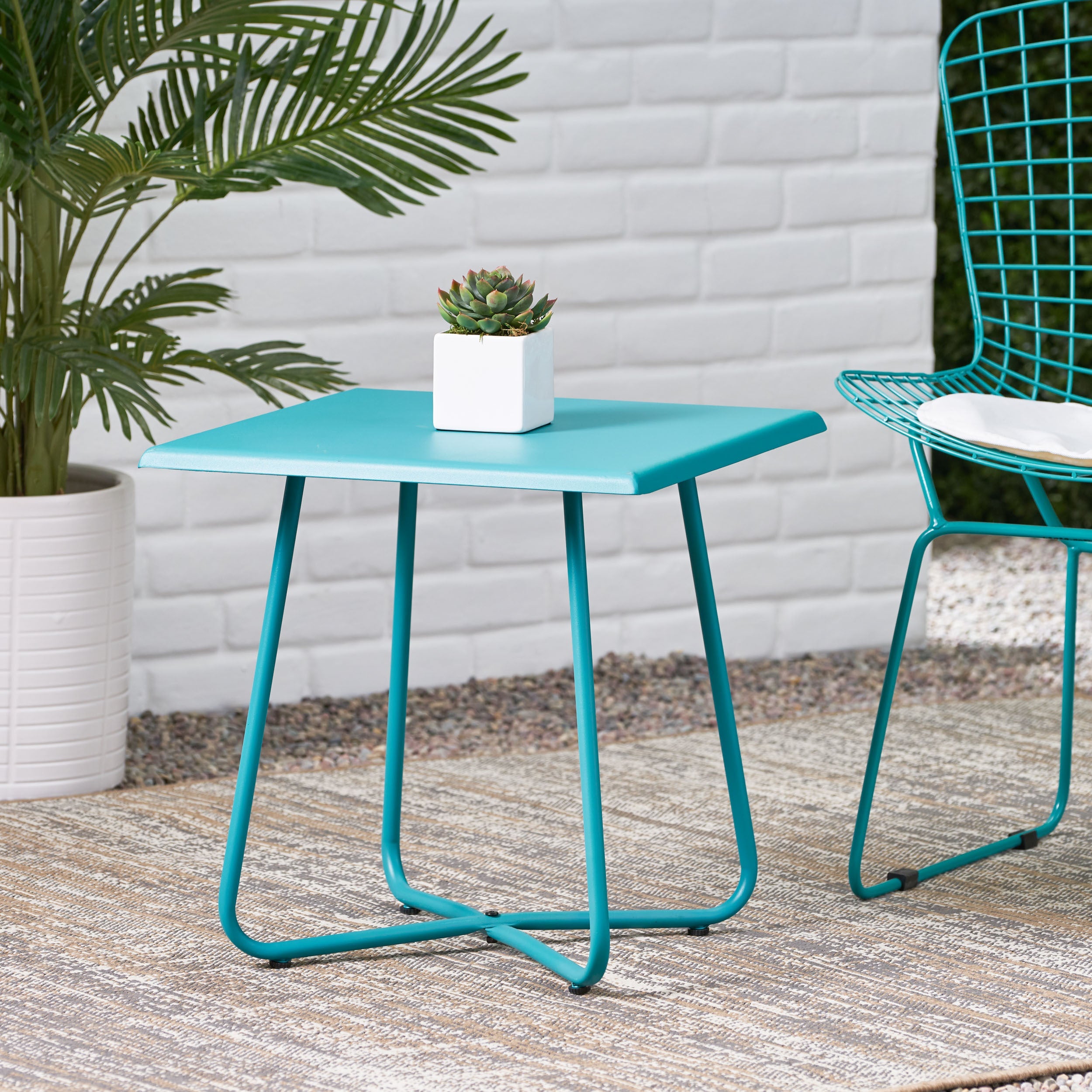 18' Outdoor Steel Side Table with X-Shape Bottom Crossing Legs, Teal