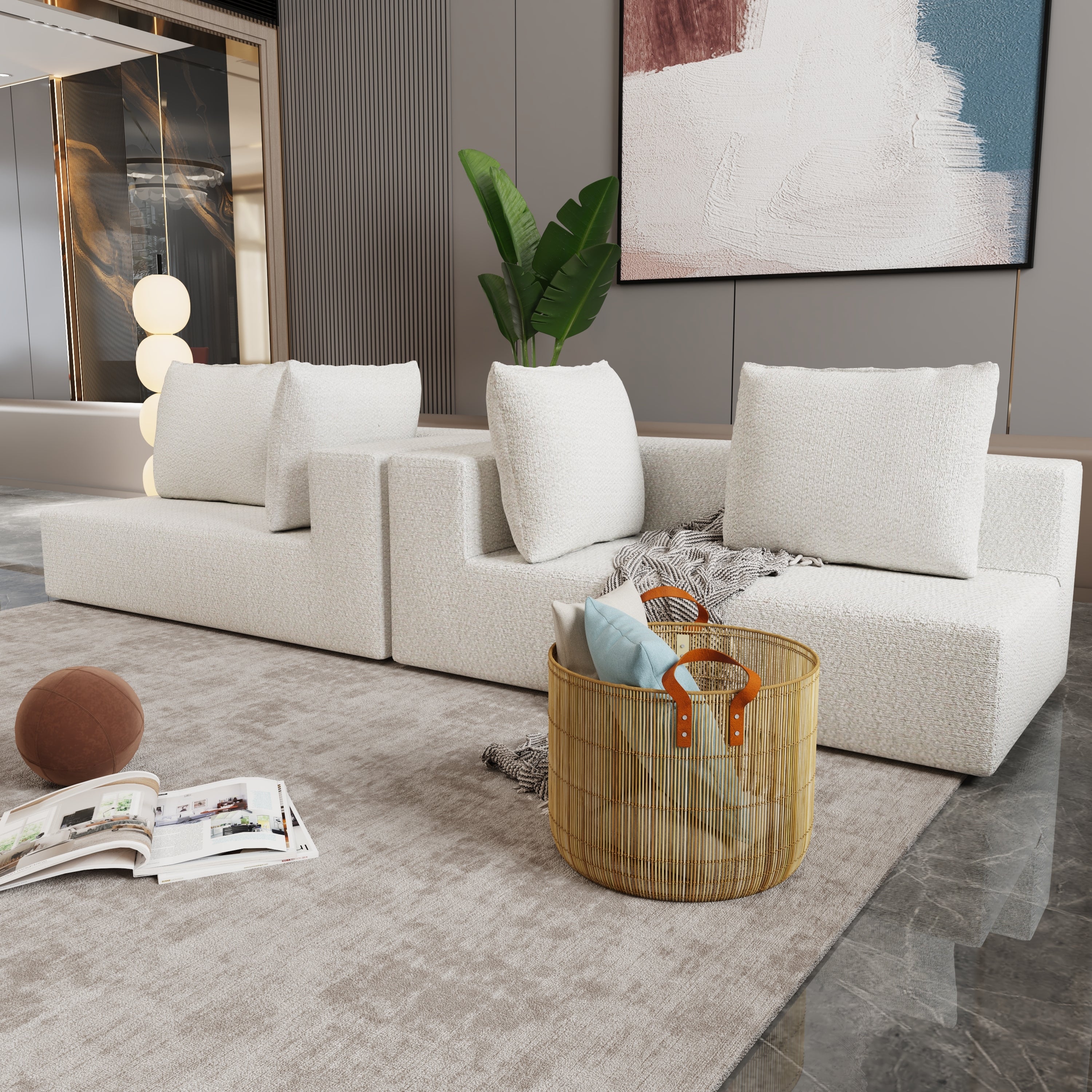 Four seater combination sofa, sofa bed, made of high-density sponge and soft linen fabric, with multiple combination methods (beige)