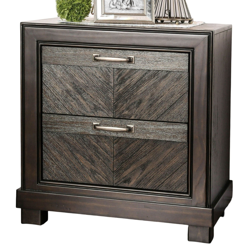 Espresso Color 1pc Nightstand V-Shape Plank Design Bedroom Furniture Bedside Table Nickel Bar Pull Solidwood 2- Storage Drawers