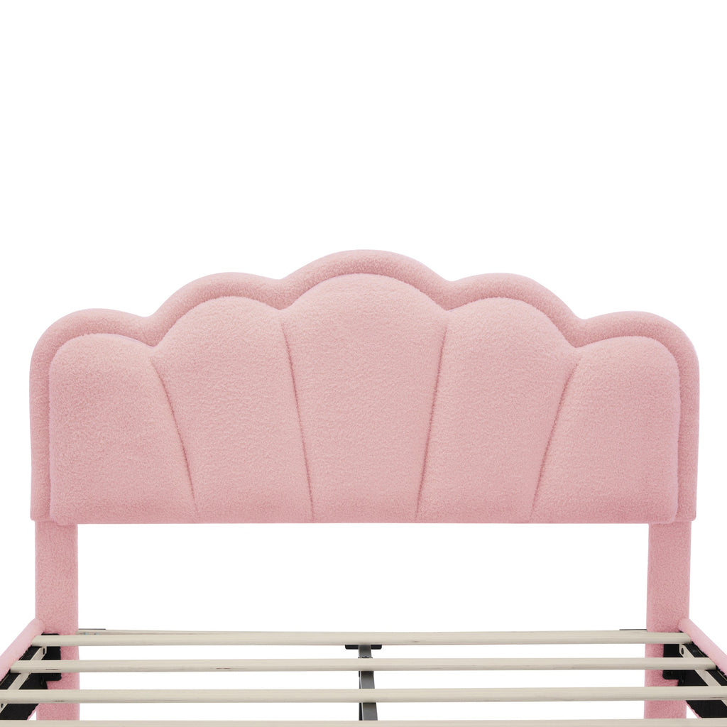 2-Pieces Bedroom Sets Full Size Flower-Shaped Upholstered LED Platform Bed with Storage Ottoman-Sherpa Fabric, Pink