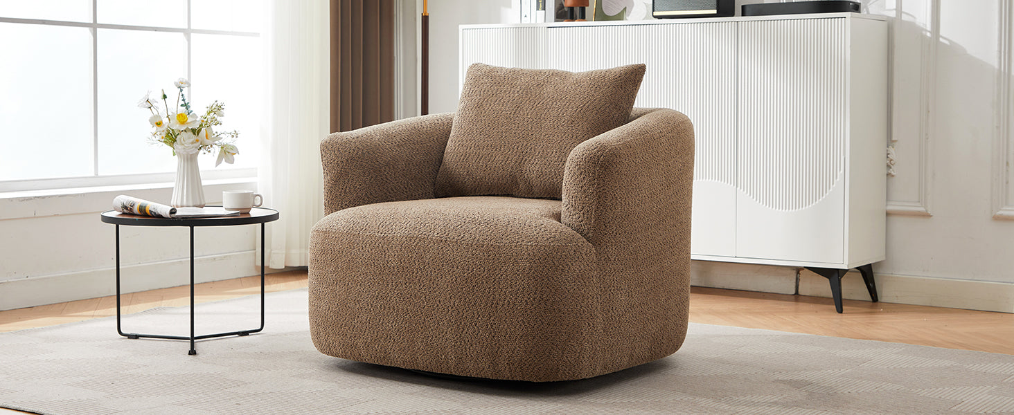 Chenille Upholstered 360° Swivel Chair with Throw Pillow, Dark Brown, 38.2' Accent Chair Sofa for Living Room and Office