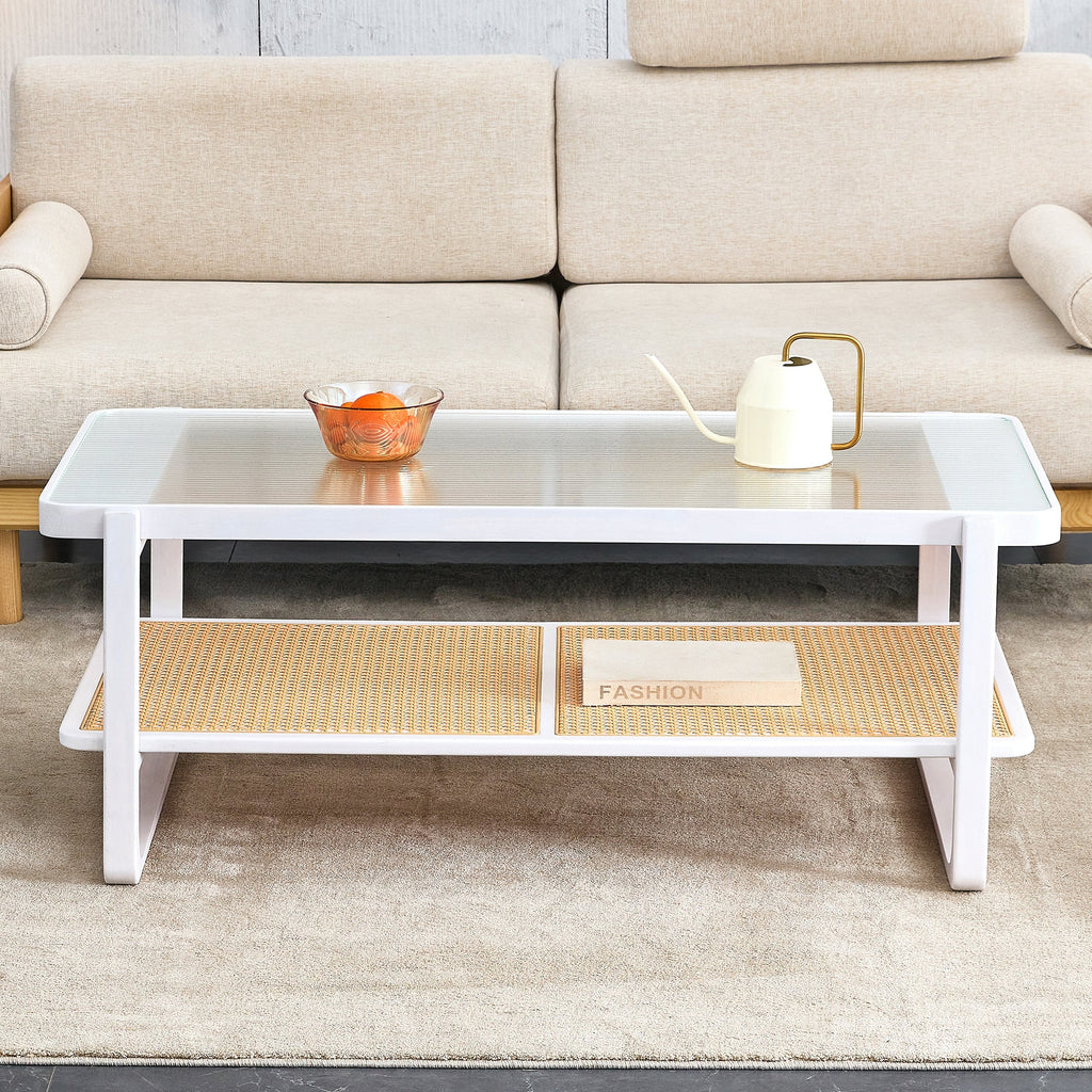 Modern minimalist white double layered solid wood coffee table. Glass tabletop, imitation rattan  edge table. Rectangular table suitable for living room, dining room, and bedroom