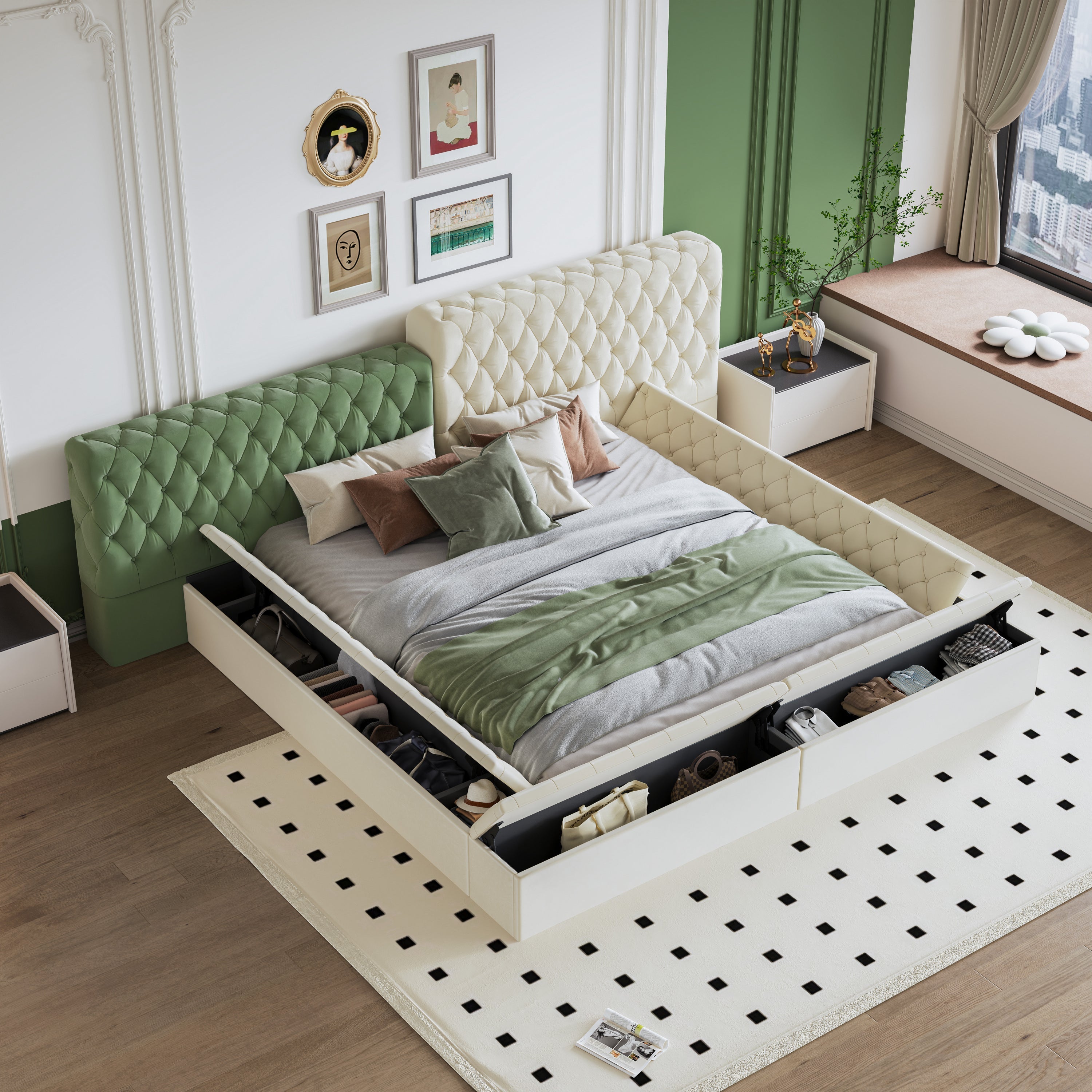 Contemporary Special-shaped Fully Upholstered Bed with Deep Button Tufting and Storage Compartments in Rails and Footboard,No Box Spring Needed,King,Beige