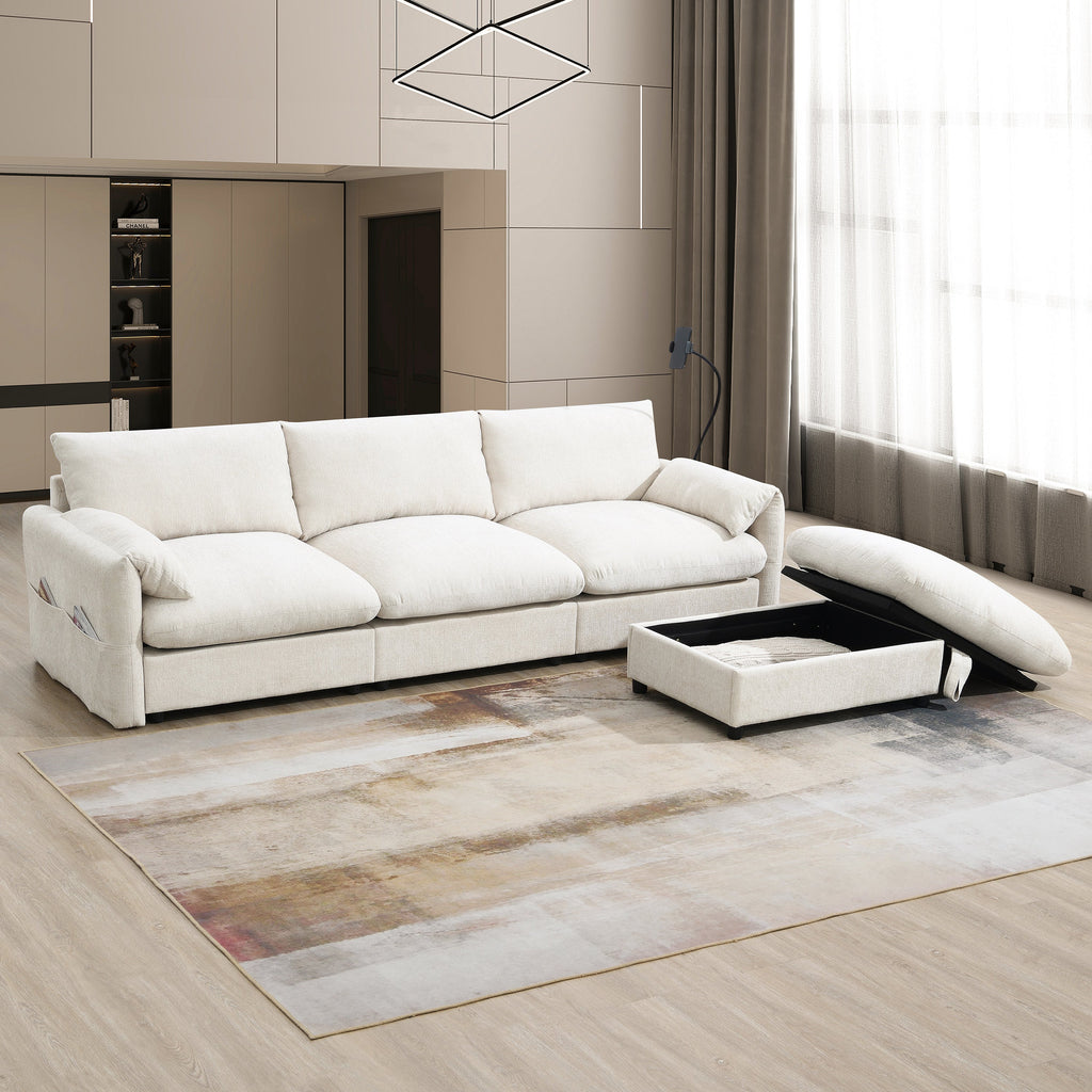 96.5'' Chenille Sectional Sofa with Storage Ottoman and Pockets,Adjustable Phone Holder,Wide Seat,4 Seat L Shaped Couch Set,Comfy Sofa with USB Charger for Living Room,Apartment,3 Colors
