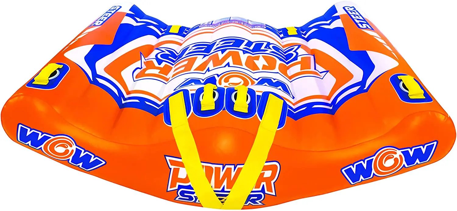 Towable deck tube WOW Power Steer 2P, orange with blue/white graphics and yellow handles