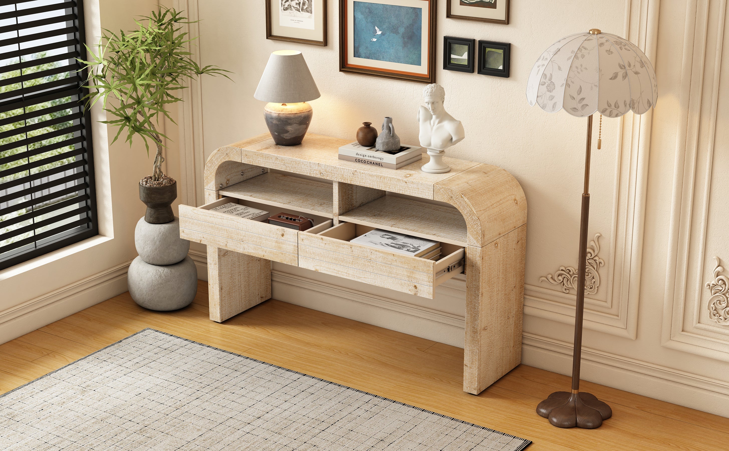 TREXM Console Table Entryway Table, Retro Curved Sofa Table with 2 Large Drawers, Narrow Console Table for Living Room Hallway Entrance, 52''×14''×31.5'', Natural Wood Wash