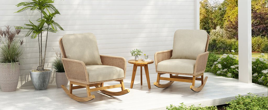 Modern 3-Piece Outdoor Seating Set with Beige Cushioned PE Rattan Rocking Chairs and Wooden Accent Table, Perfect for Patio or Balcony Relaxation