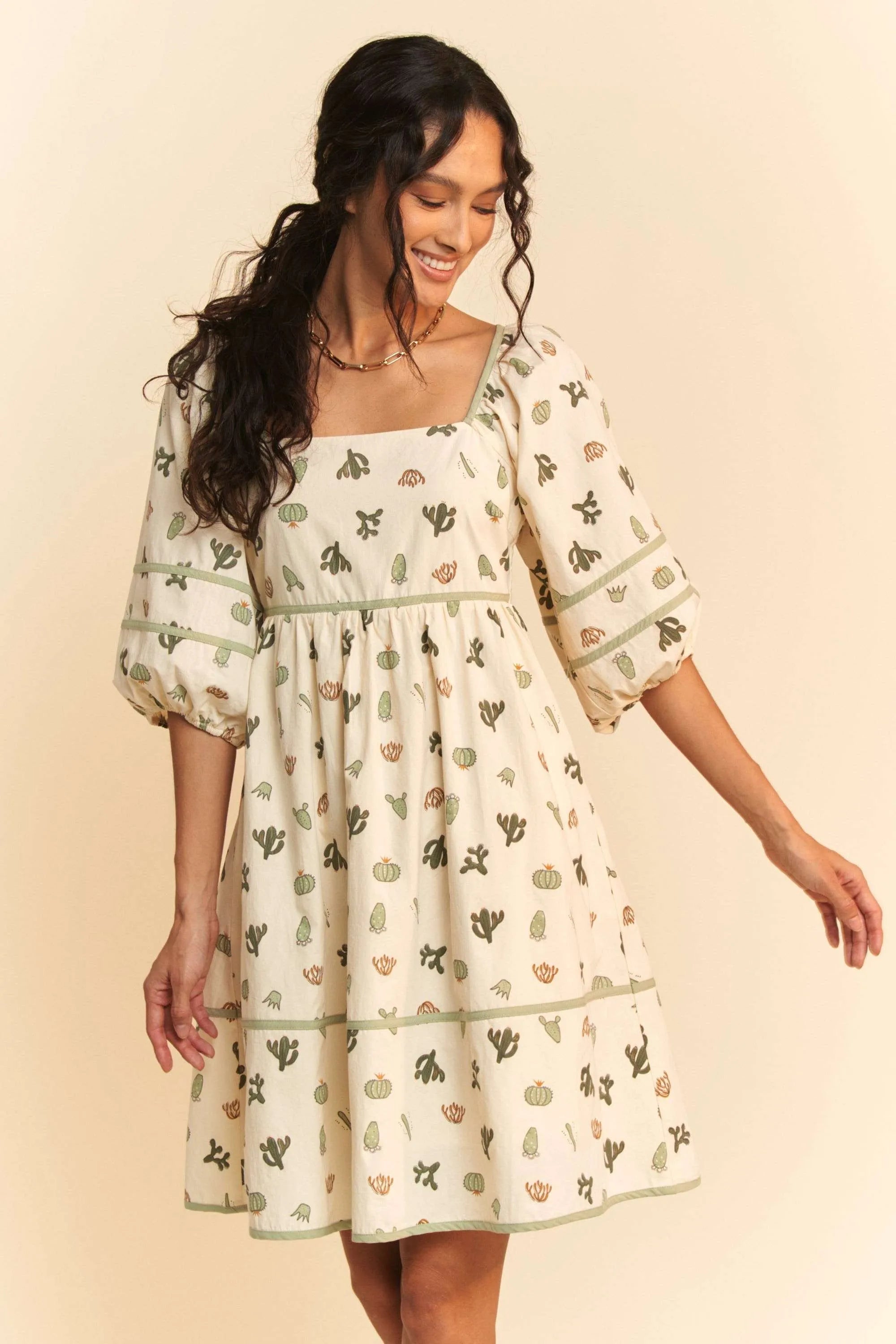 Davi & Dani Cactus Printed Poplin Contrast Piping Mini Dress