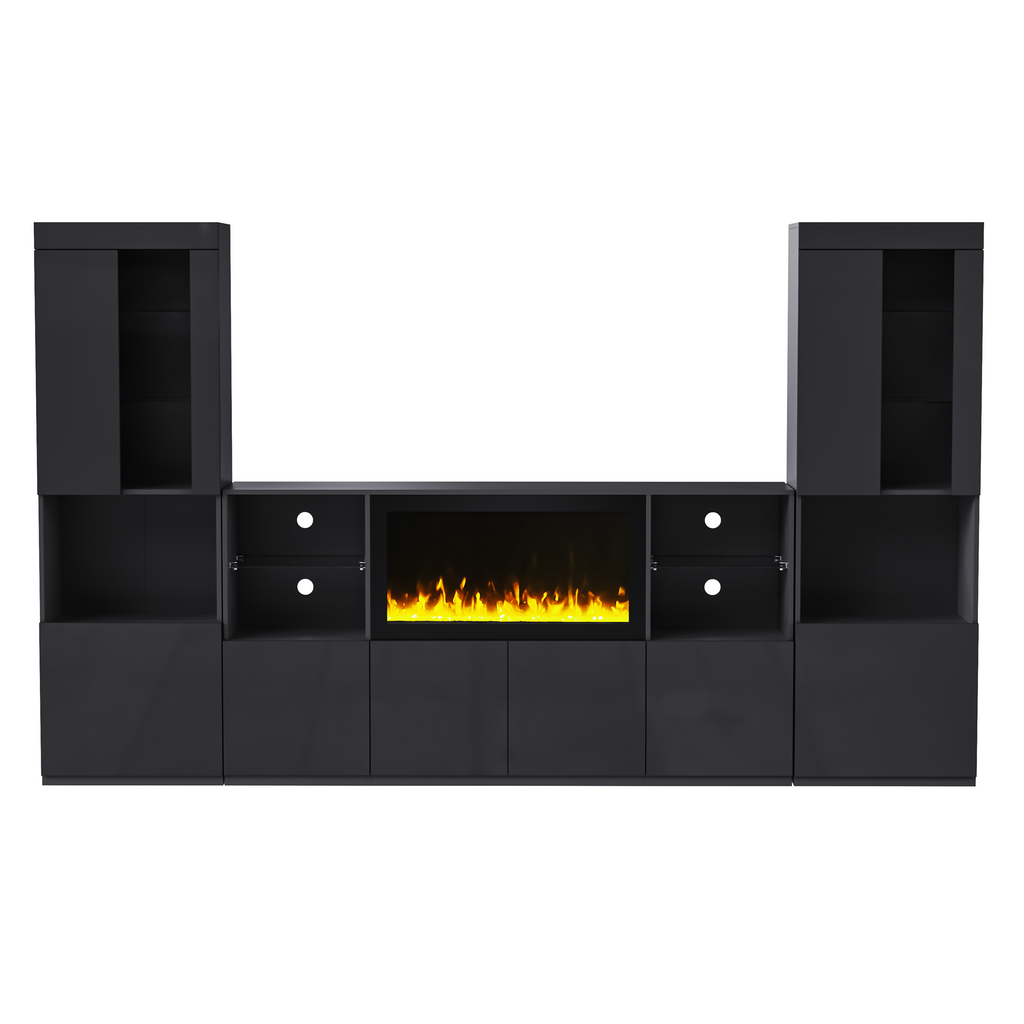 ON-TREND Modern TV Stand with 34.2' Non-heating Electric Fireplace, High Gloss Entertainment Center with LED Lights, Media Console with Tempered Glass Shelves for TVs up to 75', Black