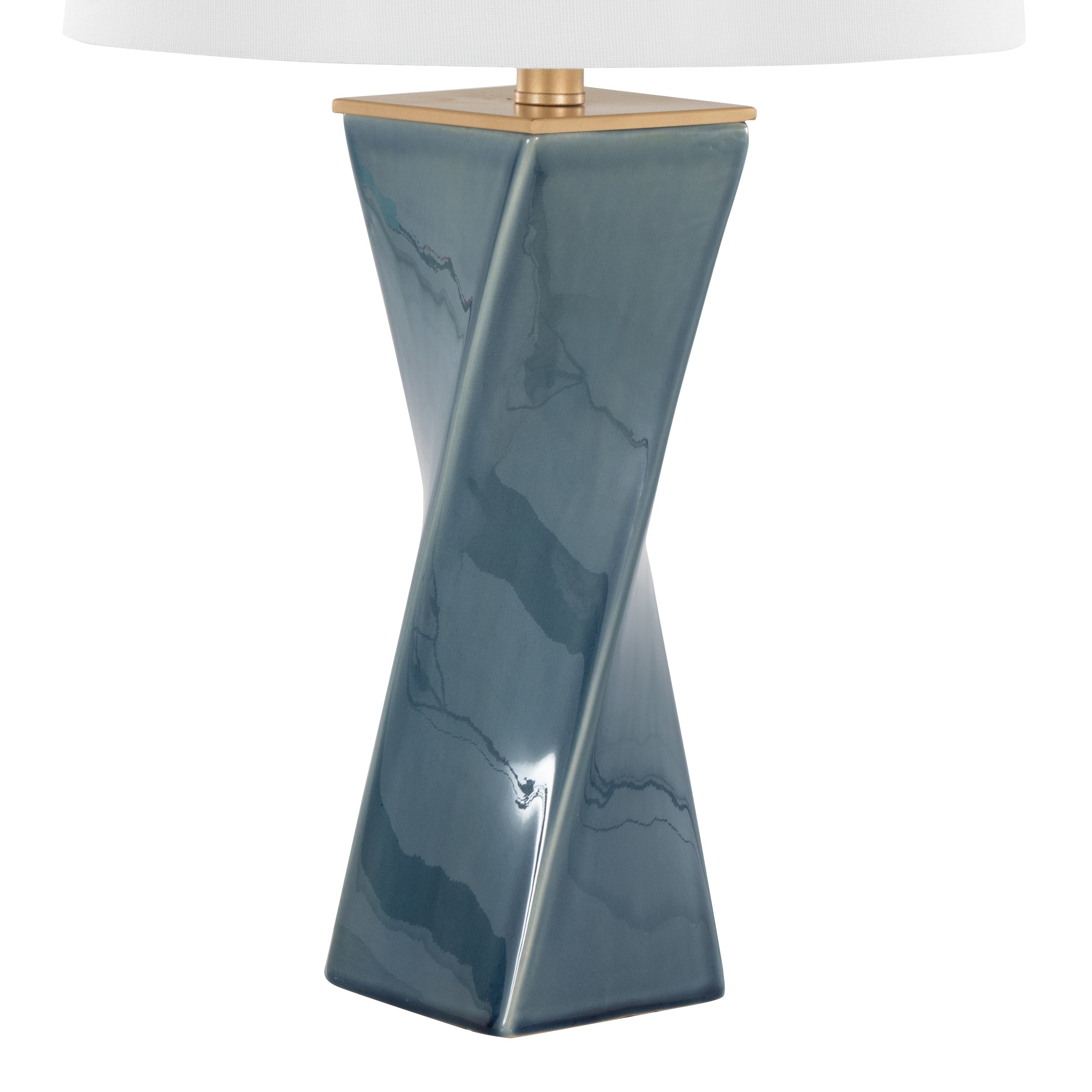 Curvo Square Contemporary 27' Ceramic Table Lamp in Blue Ceramic, Gold Metal, and White Linen by LumiSource