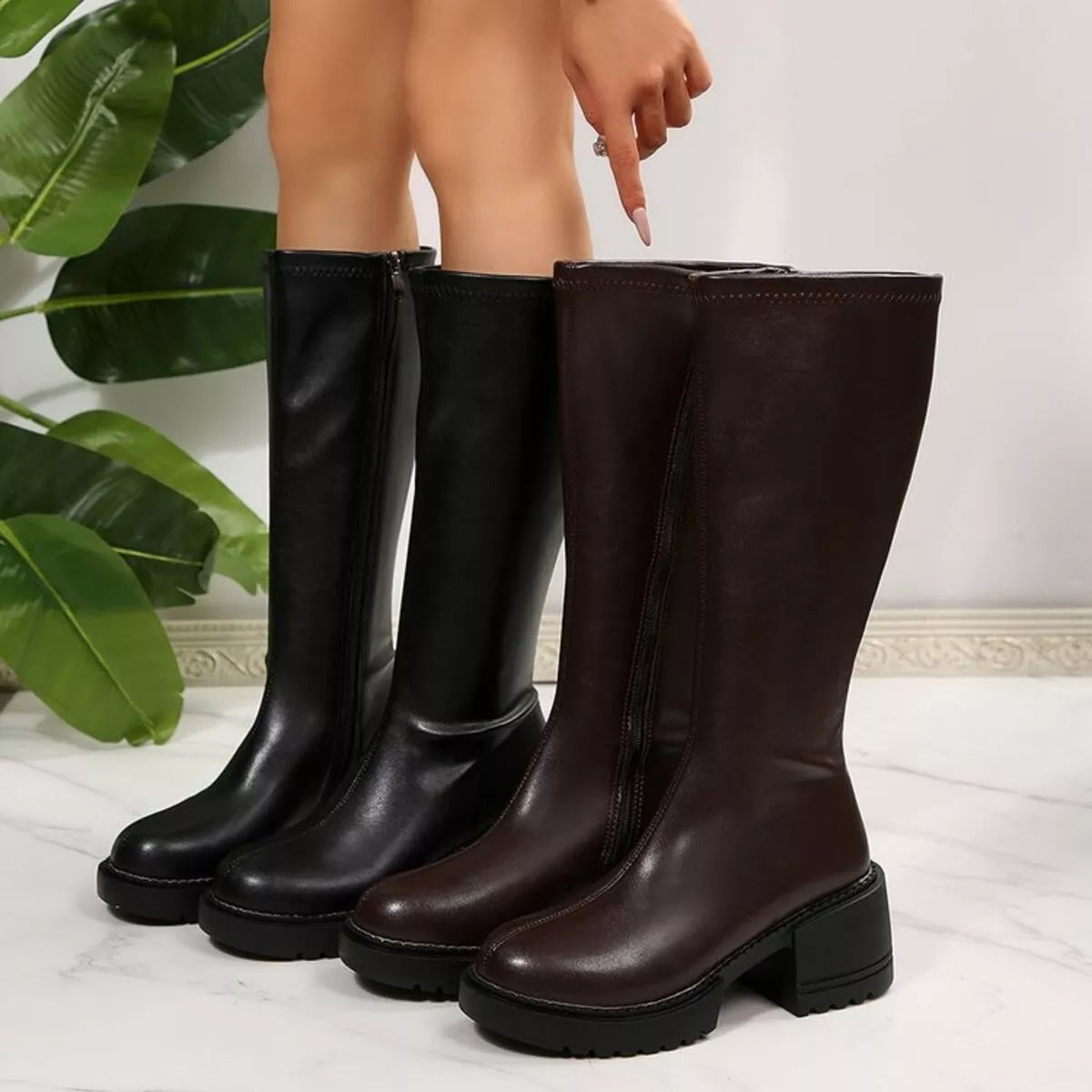 Round Toe Block Heels Boots