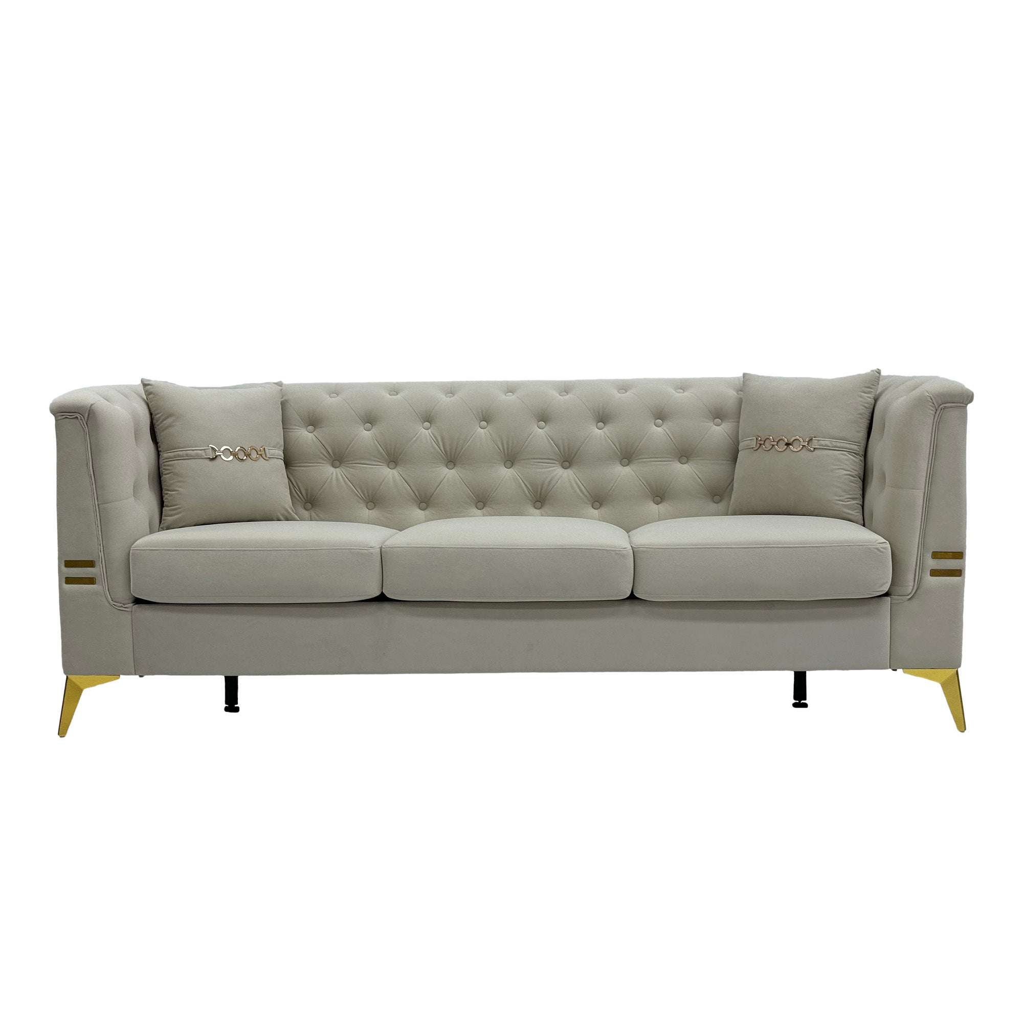 FX-P83-2PC SOFA -CW4  Modern Velvet Upholstered Sofa Set of 2, Cream White 3-Seater Sofas with Gold Metal Legs Contemporary Living Room Furniture for Family Homes, Apartments, and Lounge Spaces