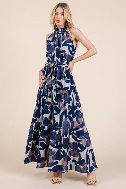 Lime 'N' Chili Abstract Halter Neck Tie-Waist Tiered Maxi Dress