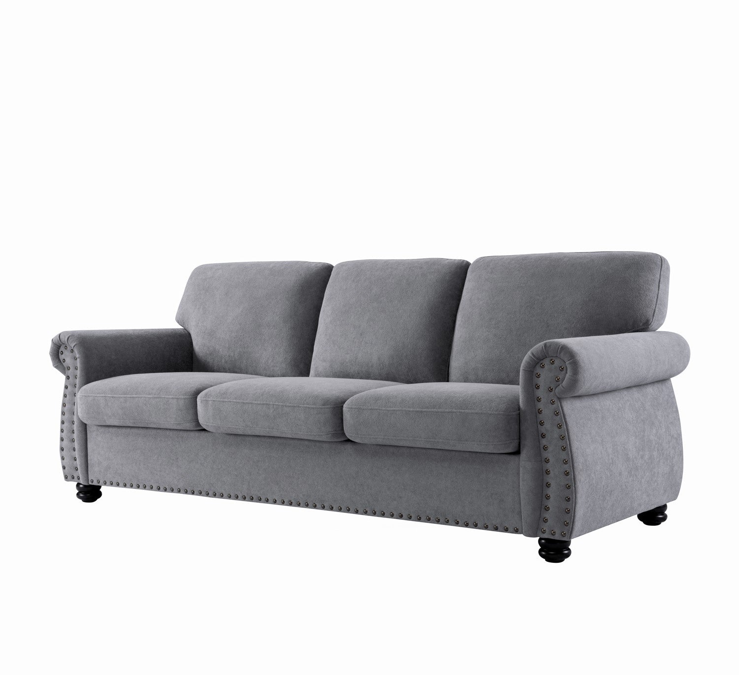 Soft Velvet Sofa, Upholstered 3 Seater Couch with High-Density Foam, Loose Back Cushions and Solid Wood Turned Legs, Chic Living Room Furniture for Home, Apartment and Office, Grey