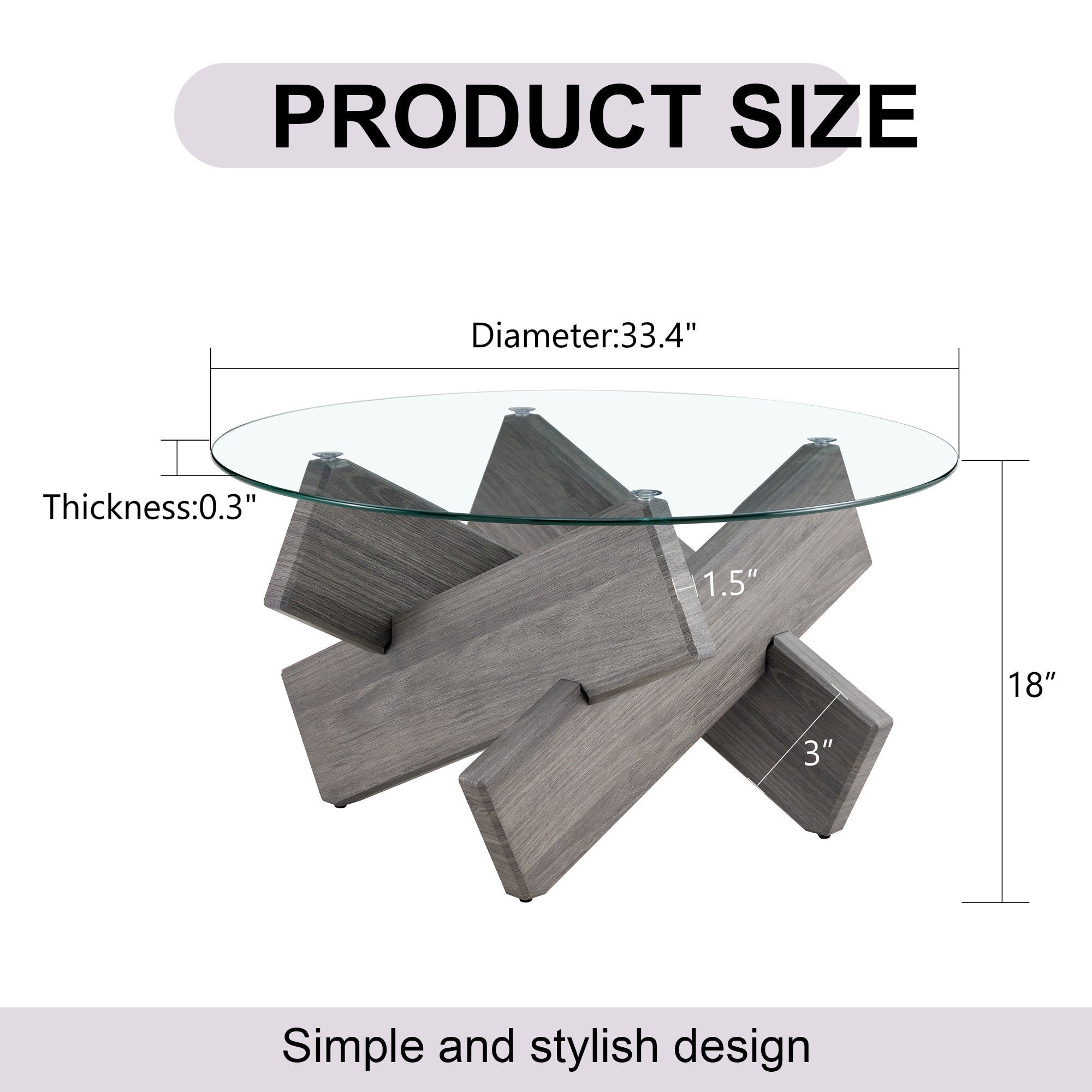 Round glass coffee table, 33.4" modern design unique coffee table. Tempered glass top with grey patterned MDF legs. Suitable for living and dining rooms