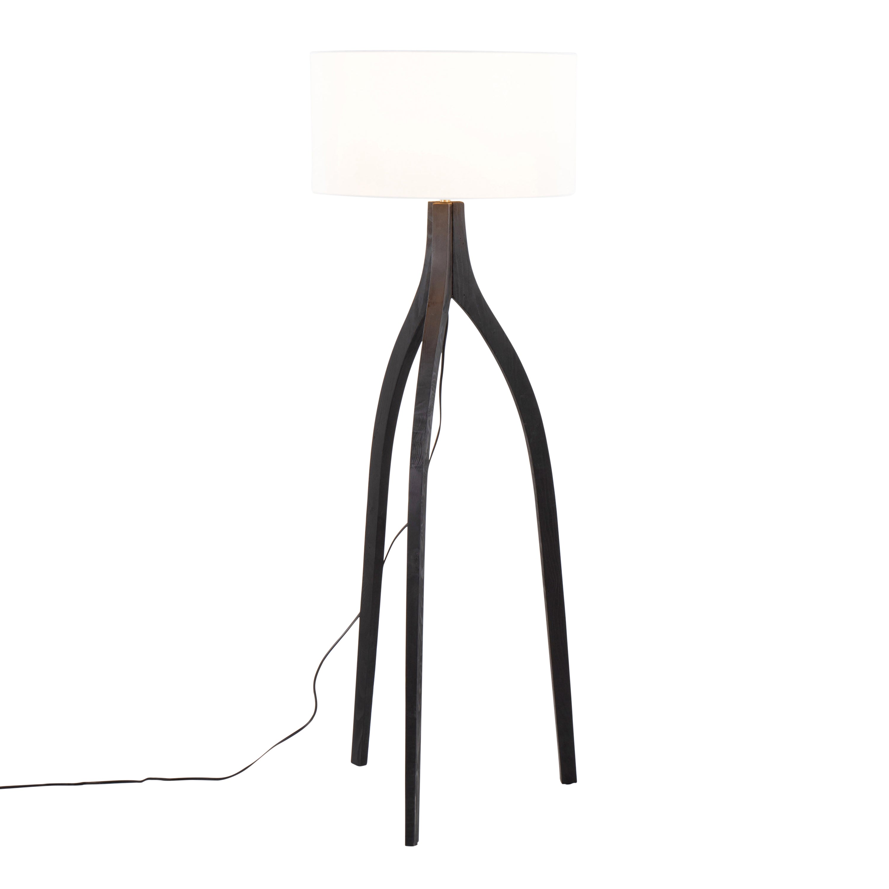 Wishbone Contemporary Floor Lamp in Black Wood with White Linen Shade by LumiSource