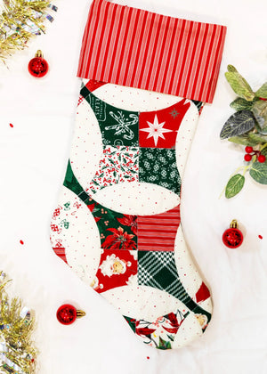 Quilted Stocking Pattern by Block Party Quilt Co; holiday patchwork stocking with red cuff