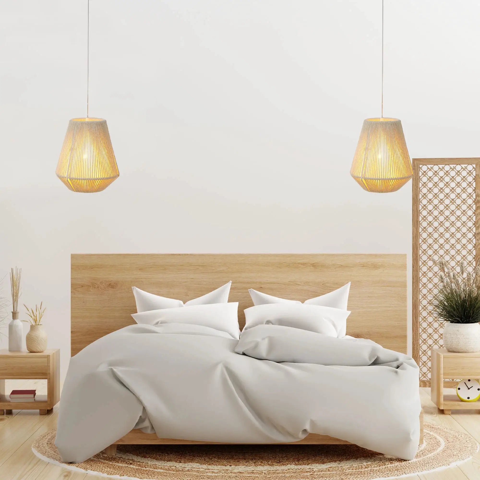 8-inch woven hemp rope battery-powered hanging lamp pair by JHY DESIGN; natural beige rope pendants.