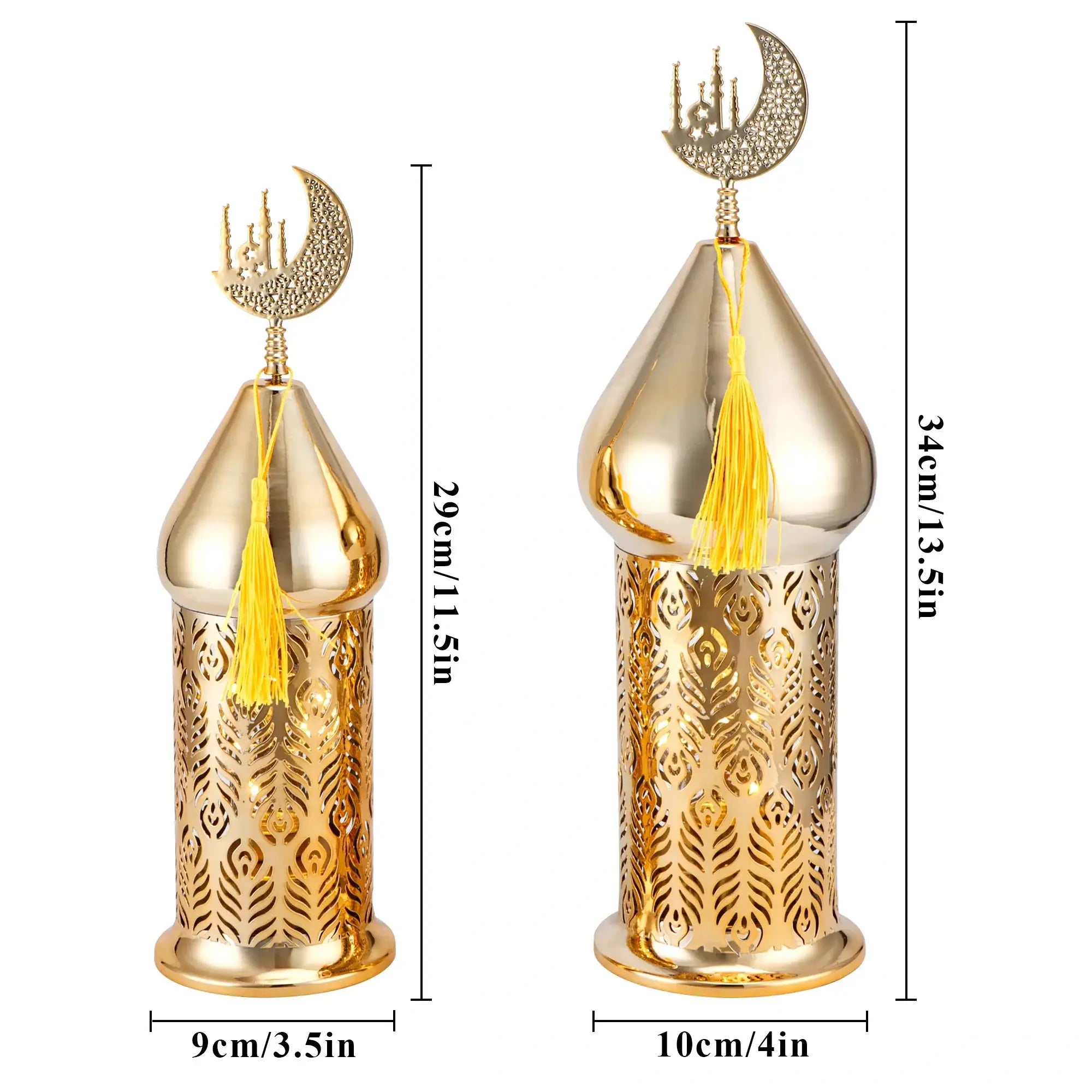 Set of 2 gold metal electric Ramadan candle lanterns by JHY DESIGN with crescent moon finial and lattice cutouts